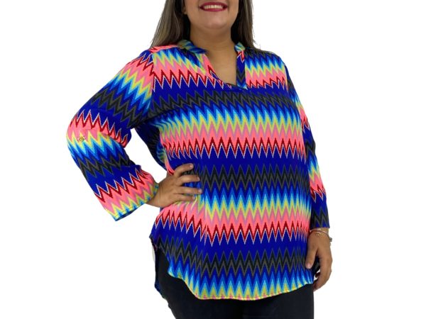 Blusa Mangas Largas Estampado Chevron Azul, Neon Amarillo Negro " Belle Tweed"