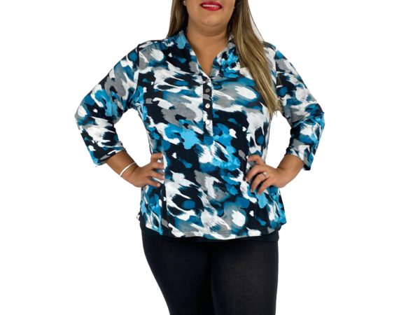 Blusa Mangas 3/4 Estampado Blanco, Gris Negro y Azul "Alfani" // Como Nuevo