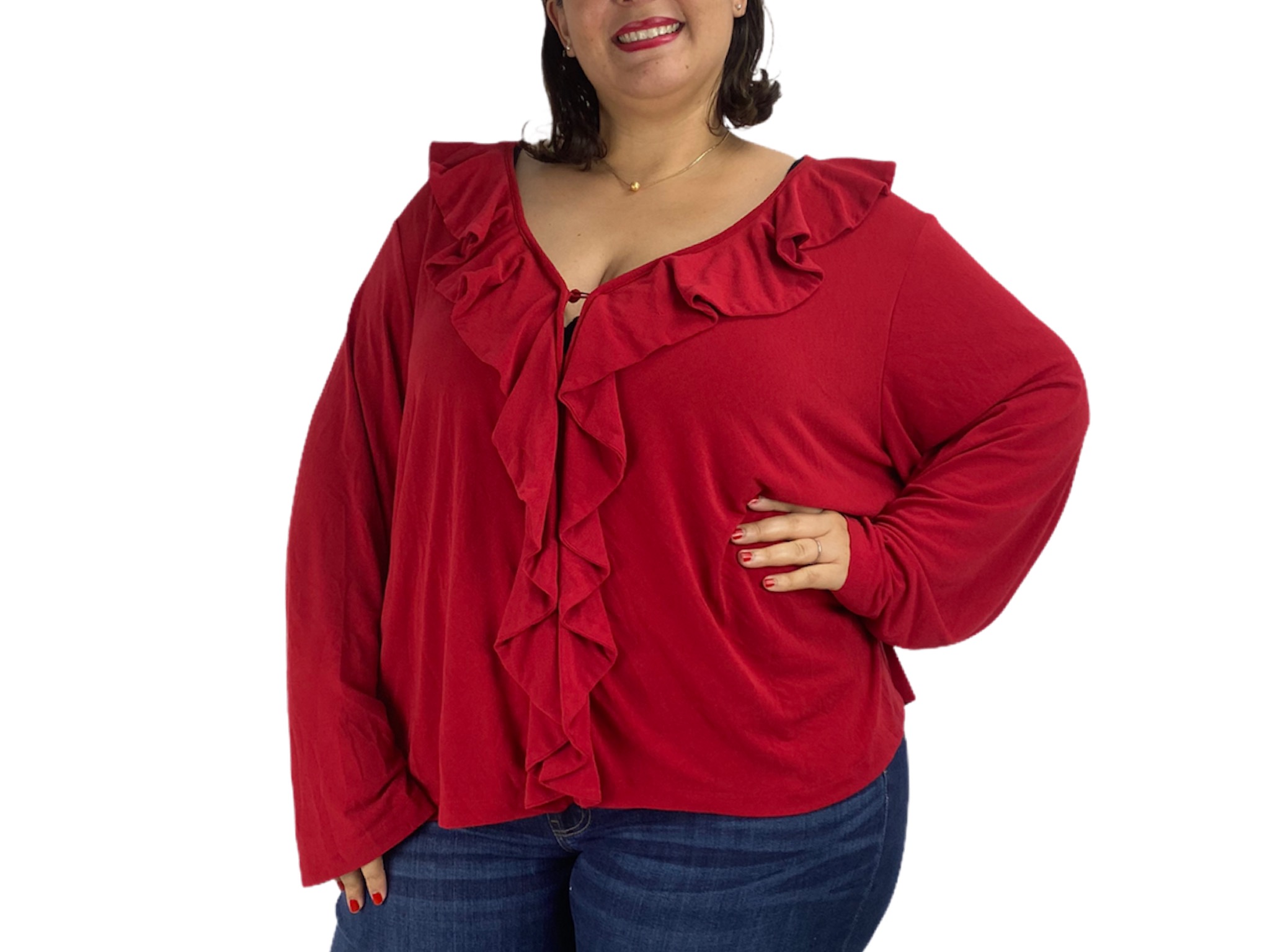 Blusa Mujer Mangas Largas Color Rojo Con vuelos cayendo en Cuello