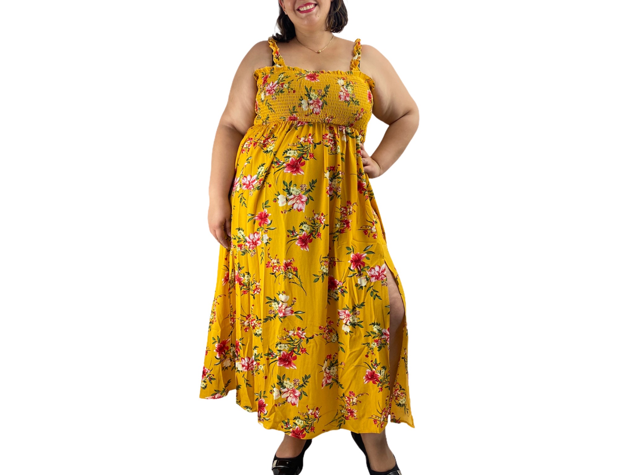 Vestido Largo de Tiros estilo blusa Bandeau Amarillo Oscuro Estampados Flores Rojas y Verde, Abierto Lado – Dto Store