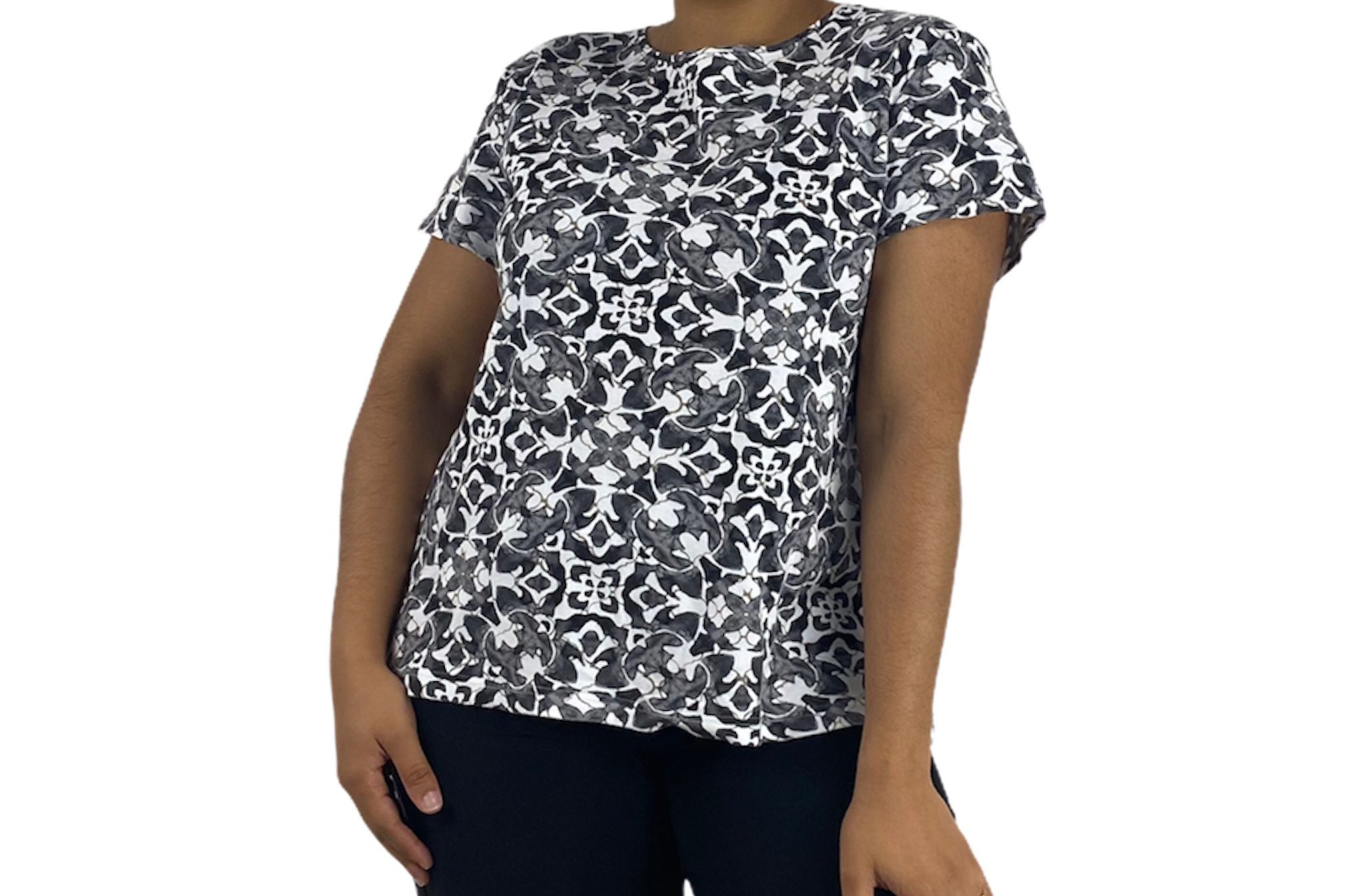 Polo Shirt Mujer Mangas Cortas Blanco con flores negras y dorado  «Croft&Barrow» – Dto Store