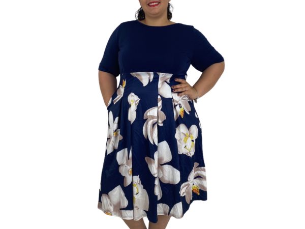 Vestido Debajo de la Rodilla Mujer Mangas Medias Color Azul Marino Con Falta en Orquideas Blancas